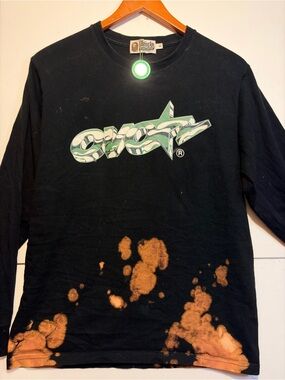 Authentic A Bathing Ape Black Long Sleeve Tee with Orange Bleach Detail